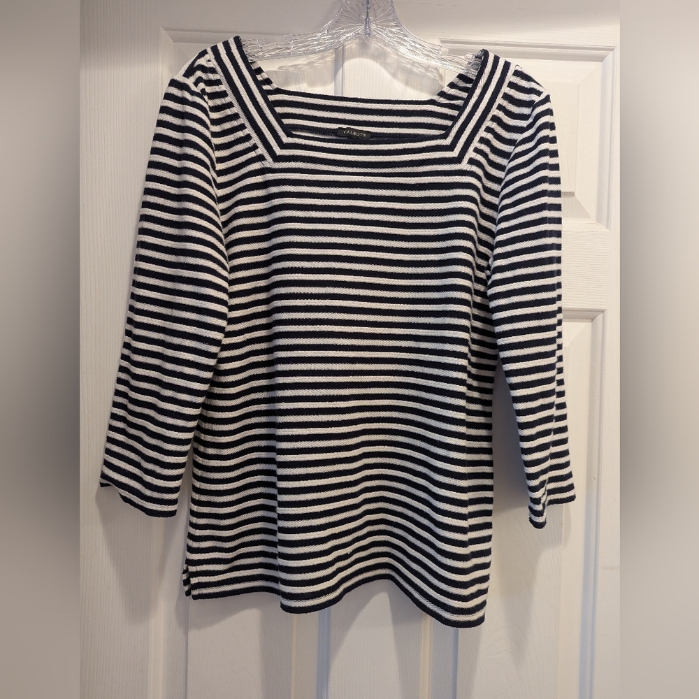 Talbots Square Neck Texture Navy Blue White Stripe 3/4 Sleeve Top Sz Med *NWOT - Picture 2 of 11